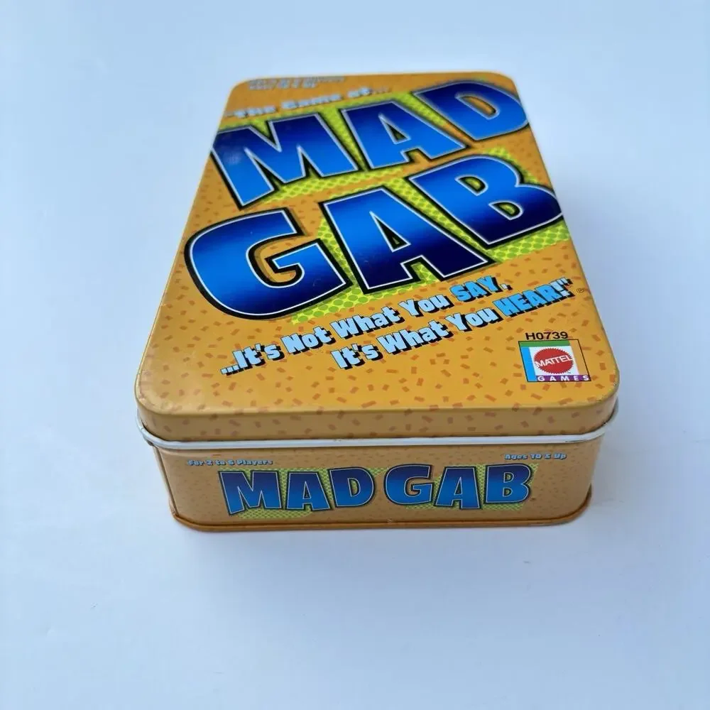 Mad Gab Game Tin COMPLETE Mattel 2004 Travel Party Game Words Humor